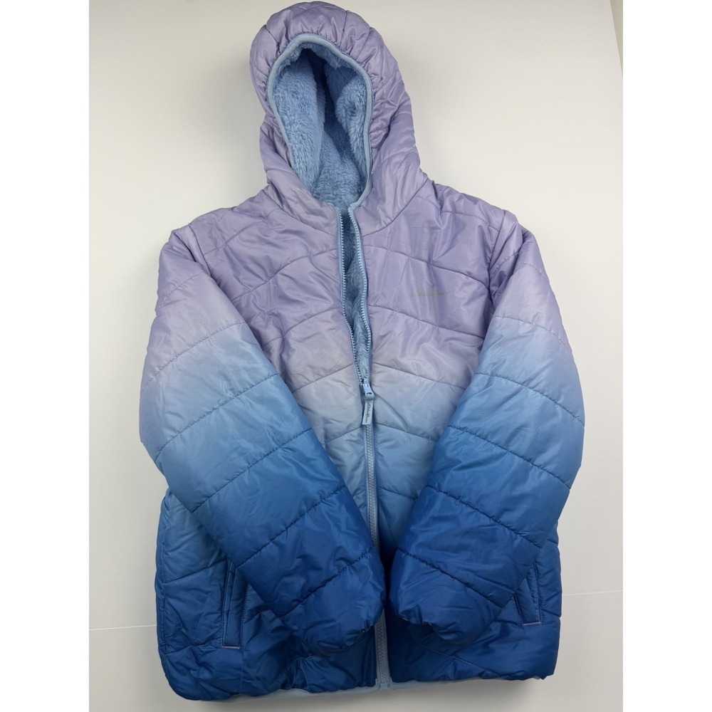 Eddie Bauer Kids Ombre Puffer Jacket L (14/16) Fleece Blue Purple Reversible